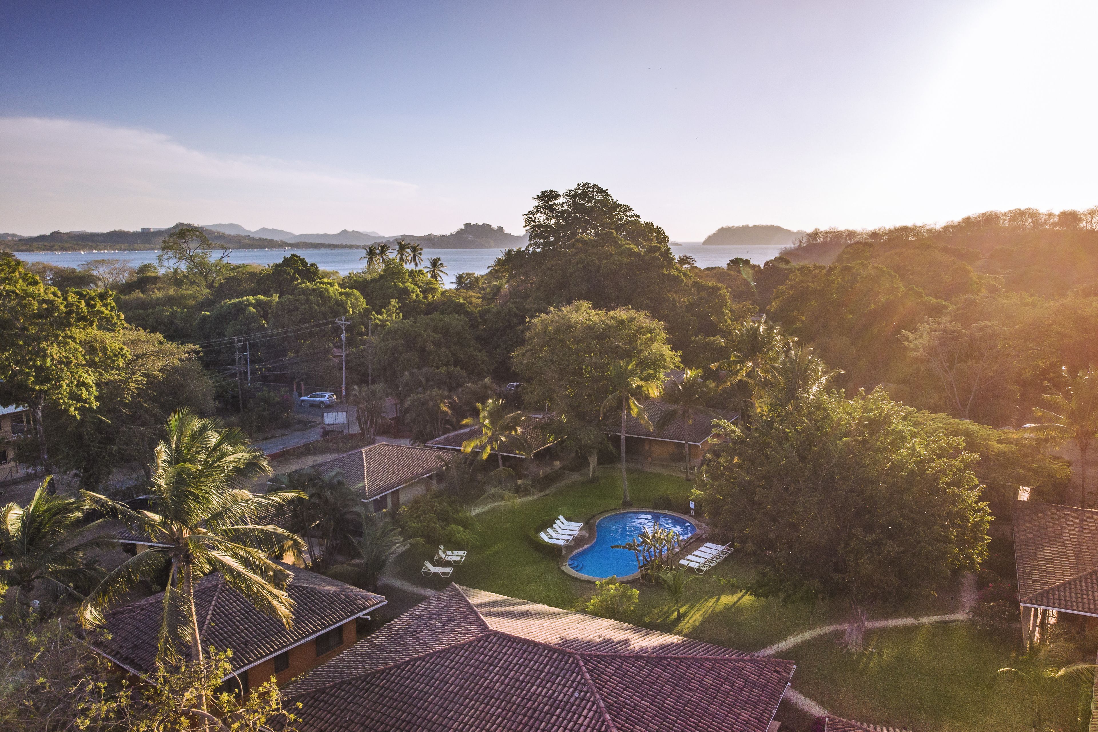 A resort with a swimming pool surrounded by palm trees and lounge chairs, overlooking a body of water and distant hills.