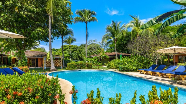 A pool surrounded by lush greenery and palm trees, with lounge chairs and umbrellas. - Bahia Esmeralda Boutique Hotel & Villas (Tempate)