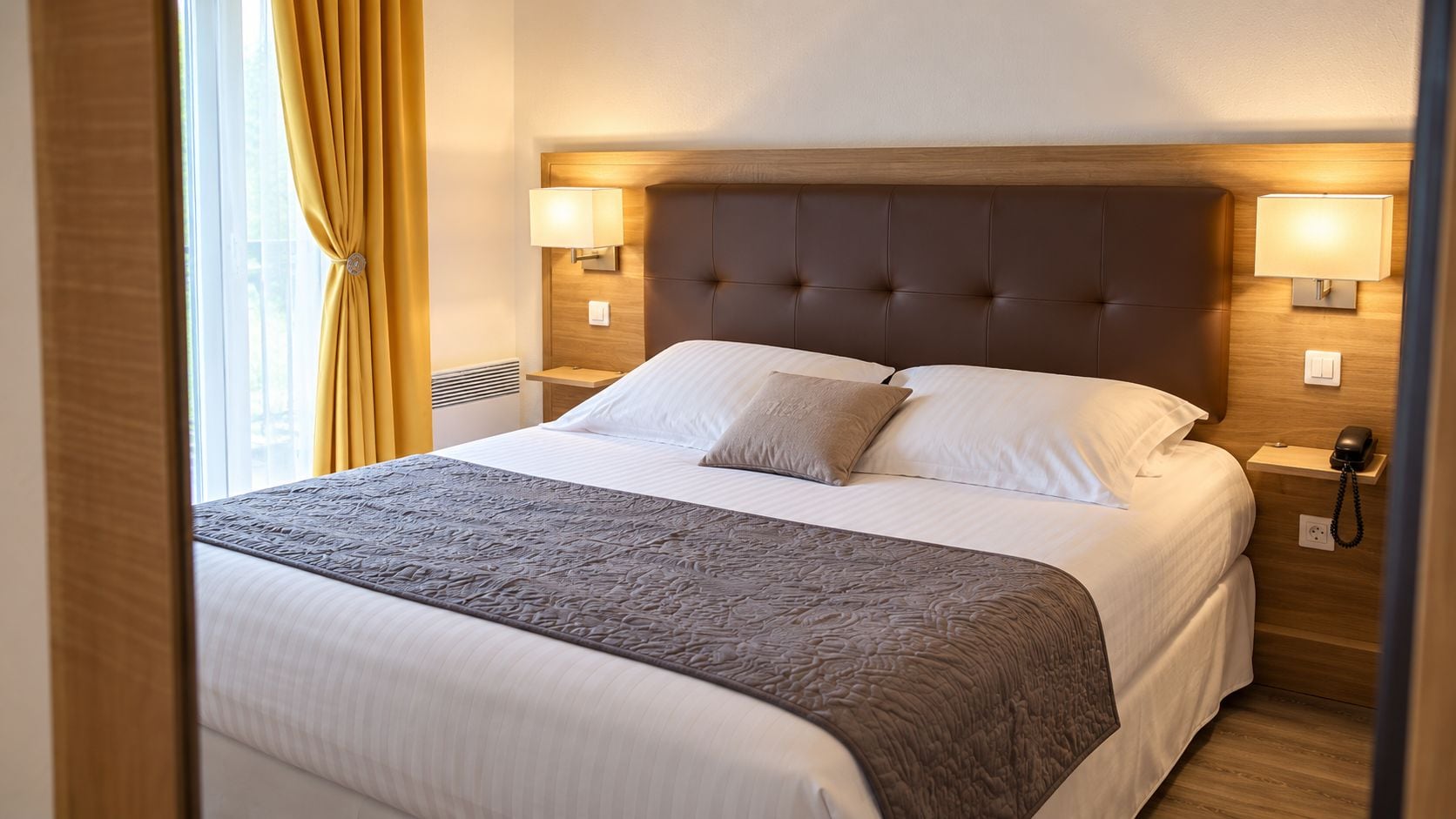 Quarto de hotel com uma cama grande, duas luminárias de cabeceira, um telefone e uma janela com cortinas.