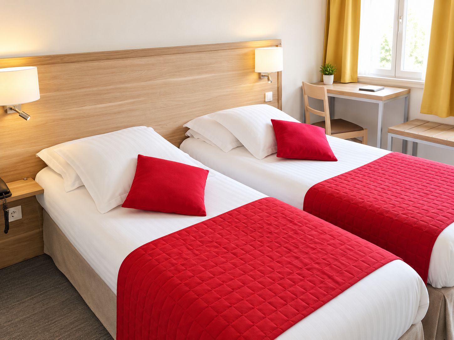 A hotel room with two beds, each with white bedding and red pillows. There is a small table with a lamp and a potted plant.