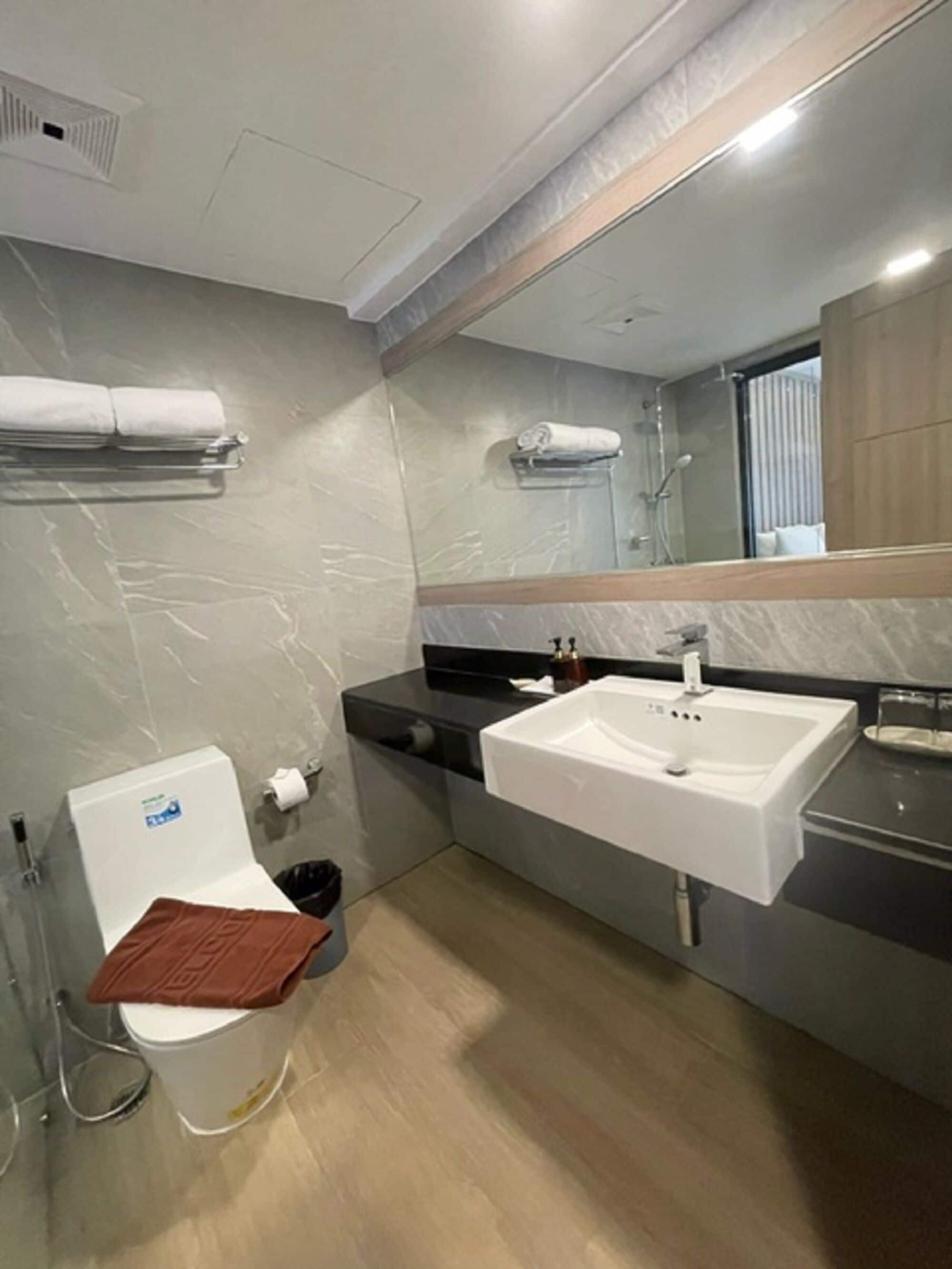 A modern bathroom with a toilet, sink, and mirror.