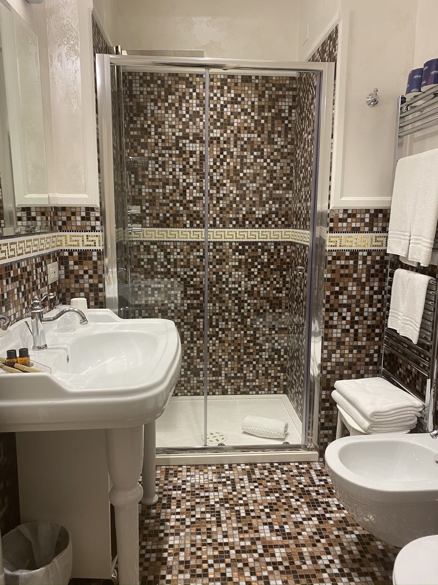 Une salle de bain équipée d’une douche, d’un lavabo et d’un bidet.