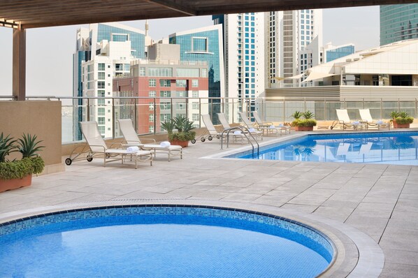 Outdoor pool, pool umbrellas