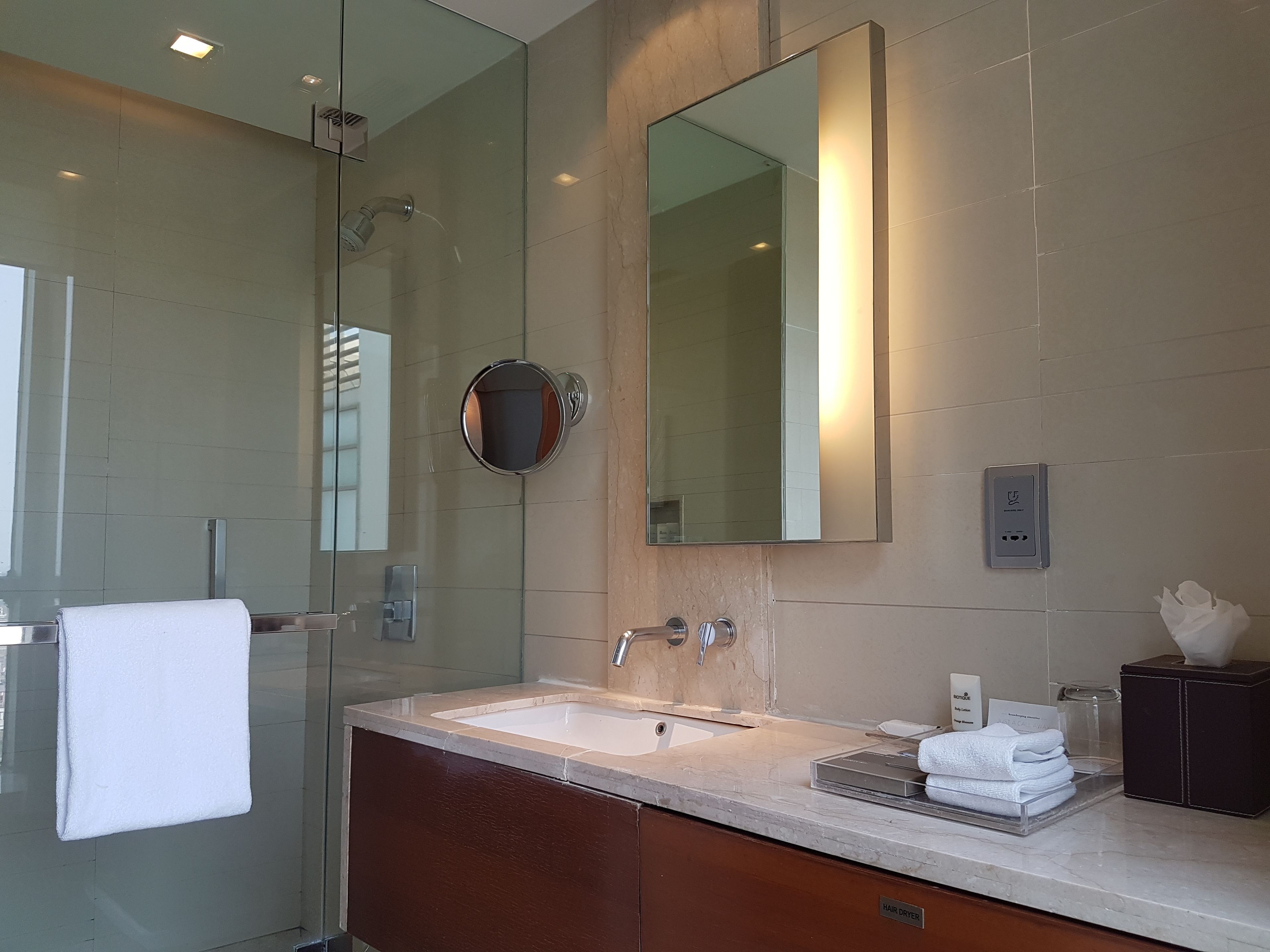 Bathroom | Shower, rainfall showerhead, hair dryer, bathrobes