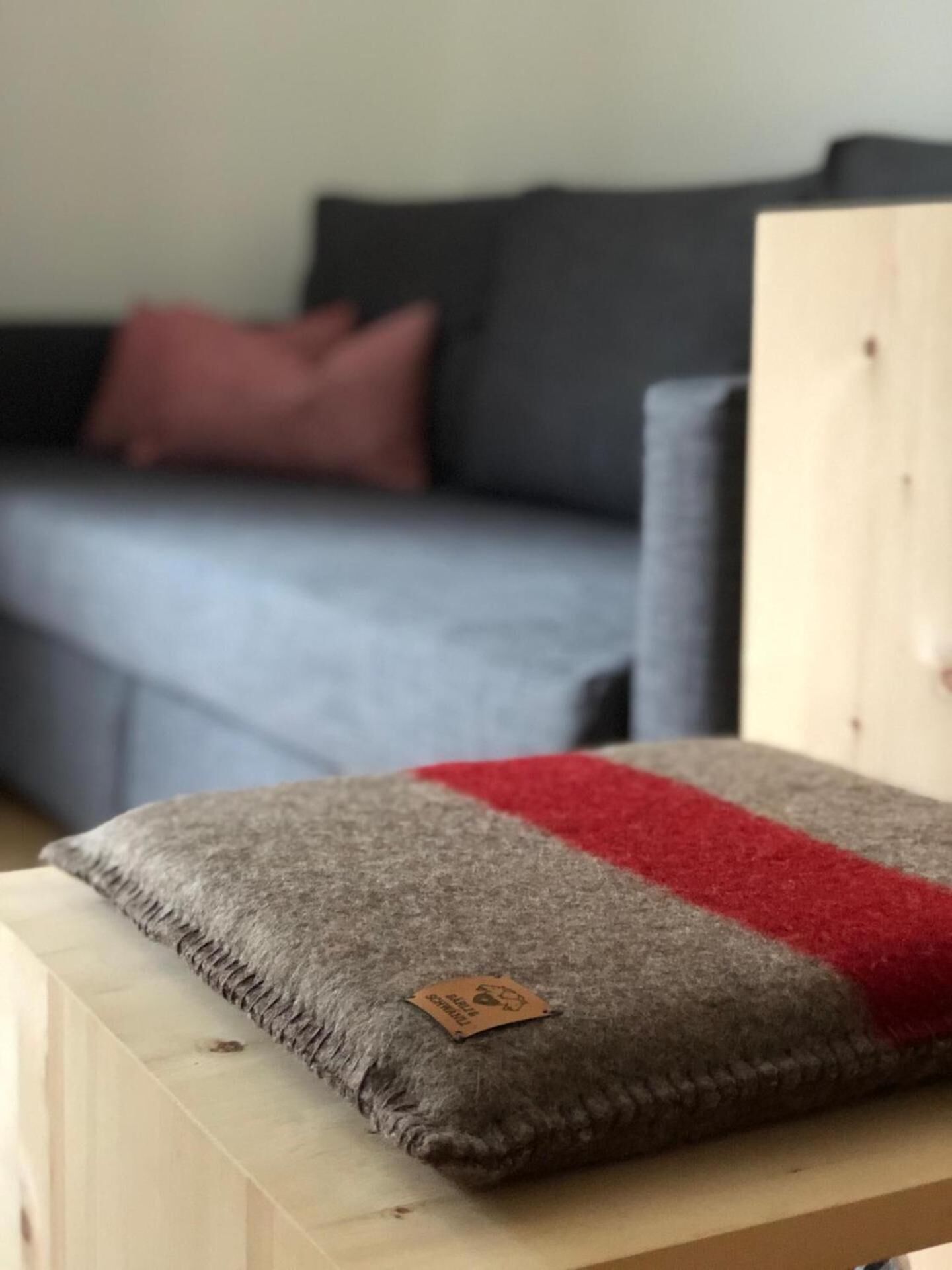 Una manta gris y roja sobre un banco de madera en una habitación con un sofá gris y un cojín rosa al fondo.