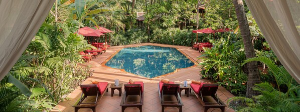 Outdoor pool, open 8:00 AM to 8:00 PM, pool umbrellas, pool loungers