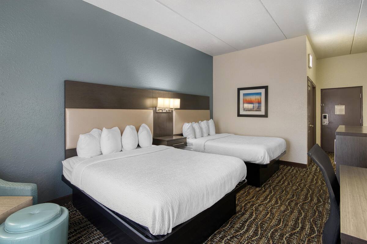 A hotel room with two beds, a desk, a chair, a trash bin, and a framed picture on the wall.