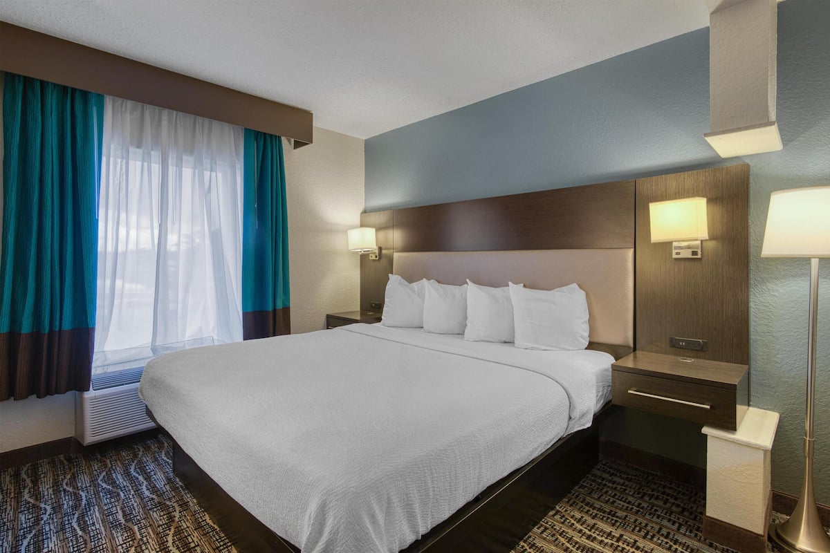 A hotel room with a large bed, a nightstand with a lamp, a wall-mounted TV, and a window with curtains.