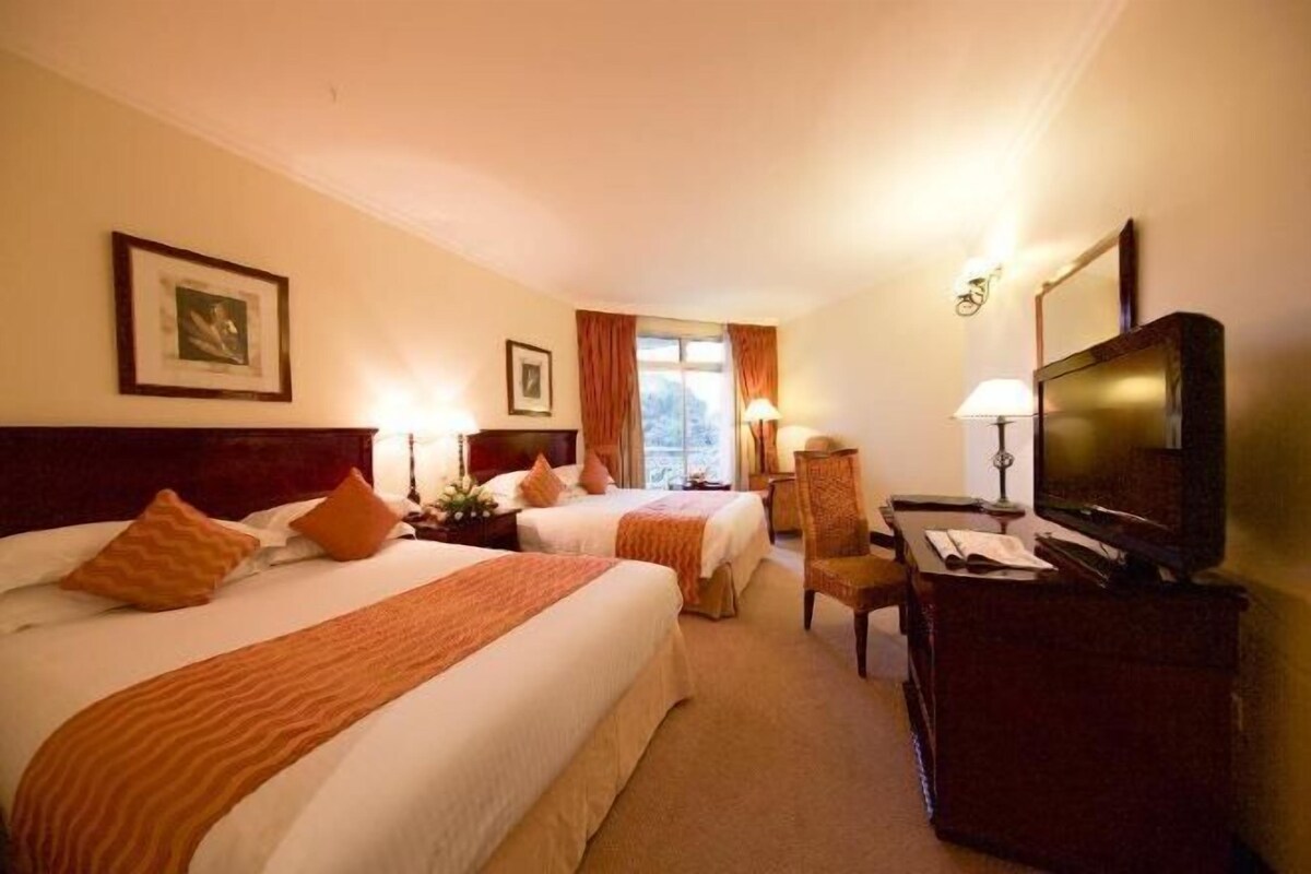 Habitación de hotel con dos camas, un escritorio, un televisor y cuadros en las paredes.