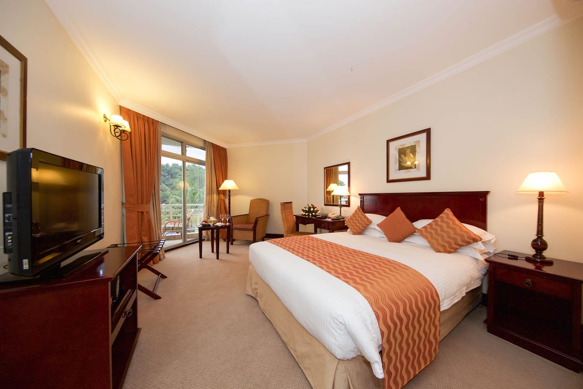 Habitación de hotel con cama, televisión, escritorio, silla y vistas al exterior.