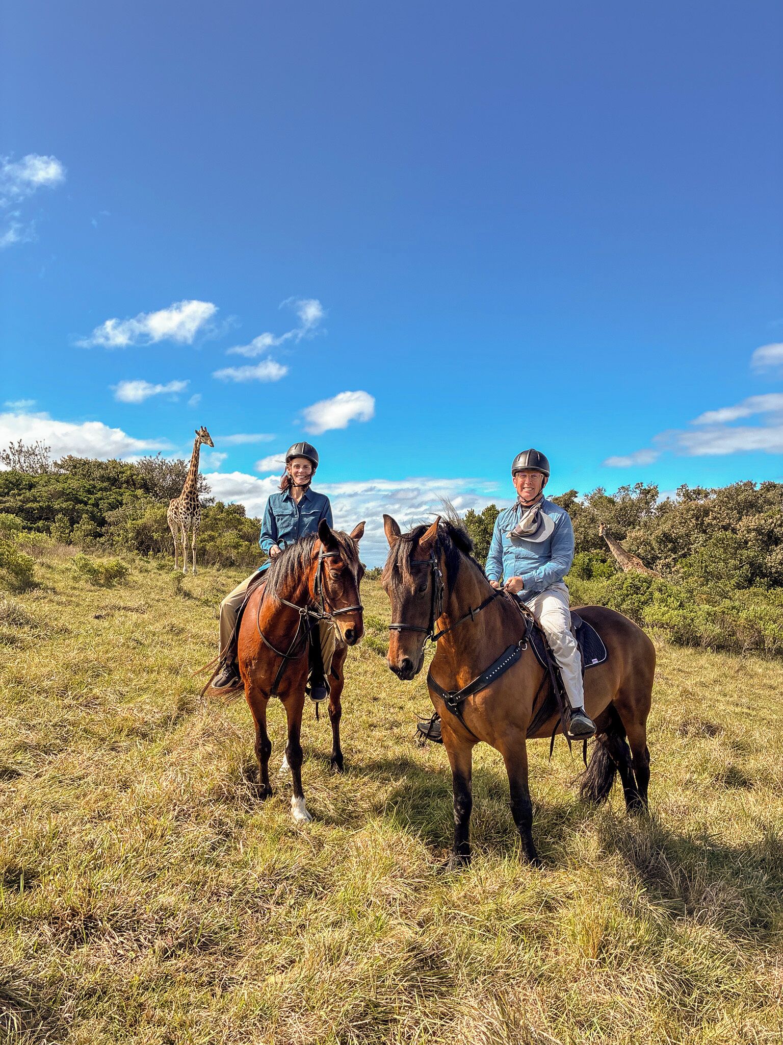 Twee personen te paard in een grasveld, met een giraffe op de achtergrond.