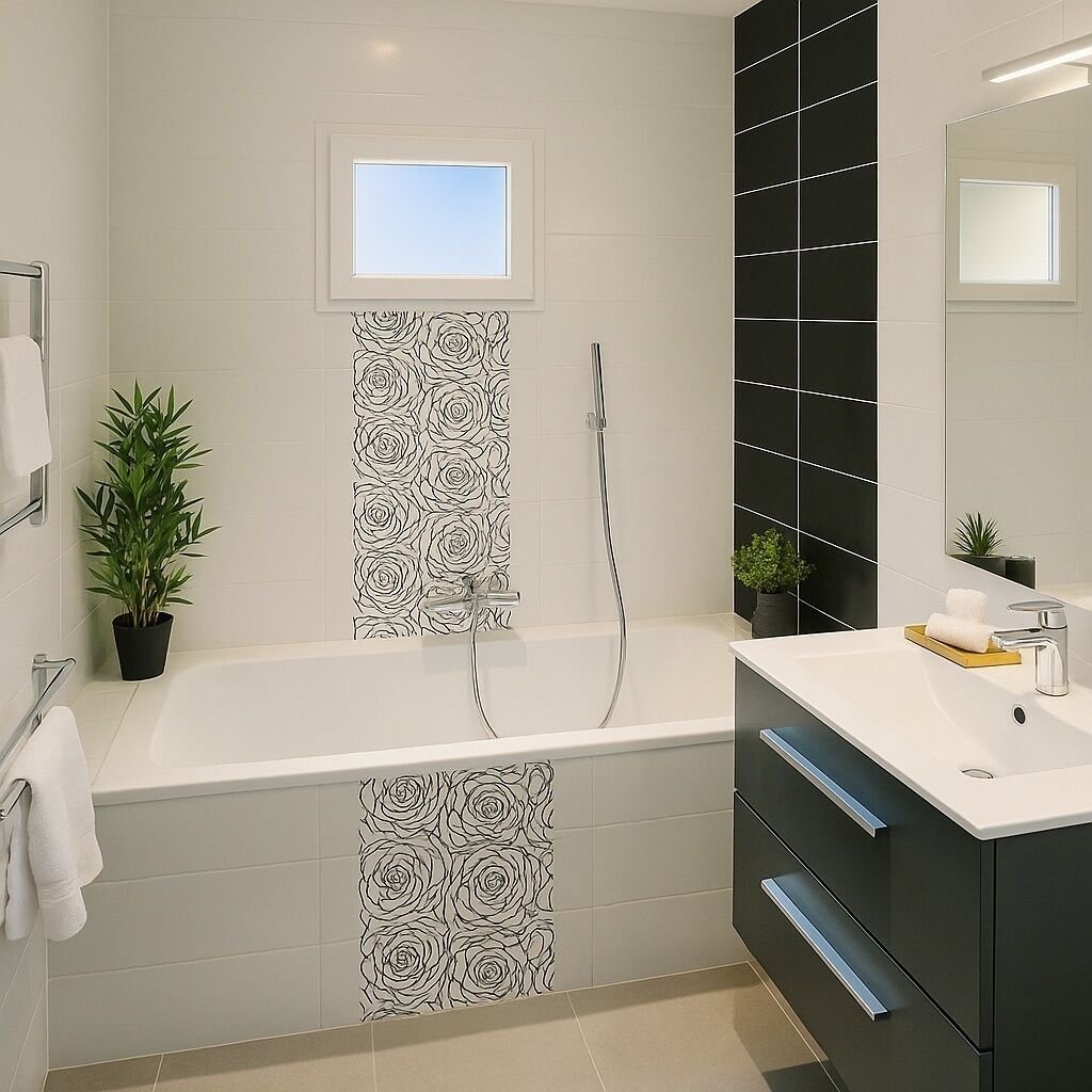 Een moderne badkamer met een badkuip, een douche, een wastafel met spiegel en een potplant.