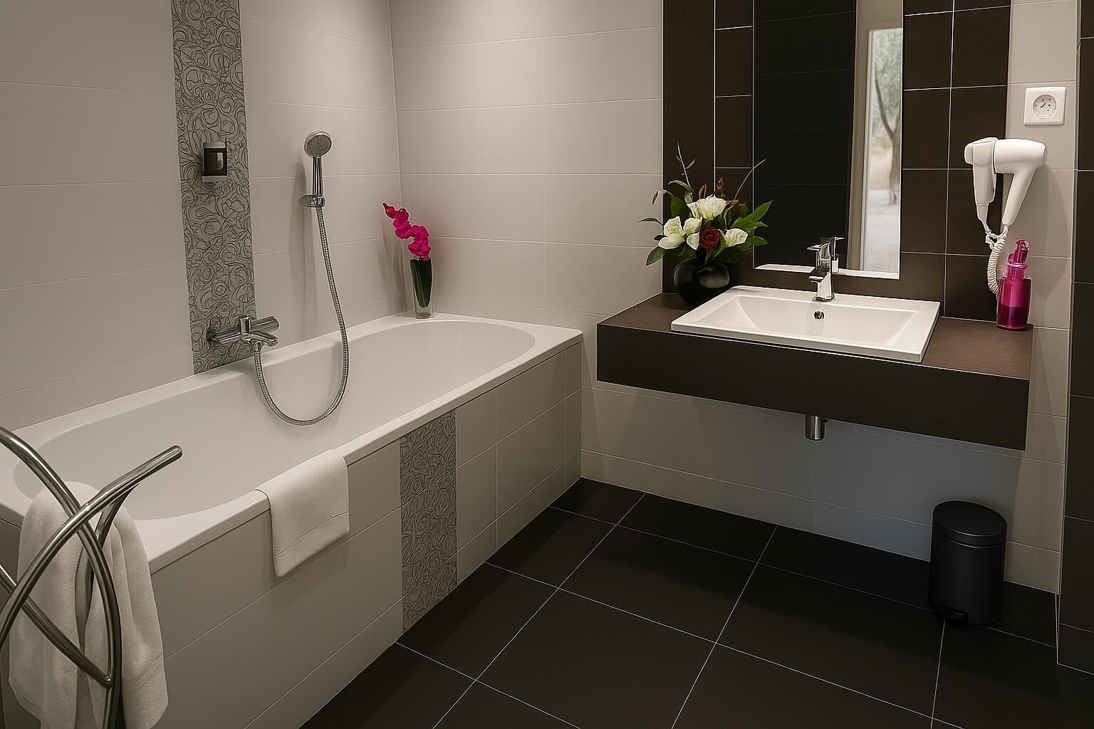 Ein modernes Badezimmer mit Badewanne, Waschbecken und Spiegel.