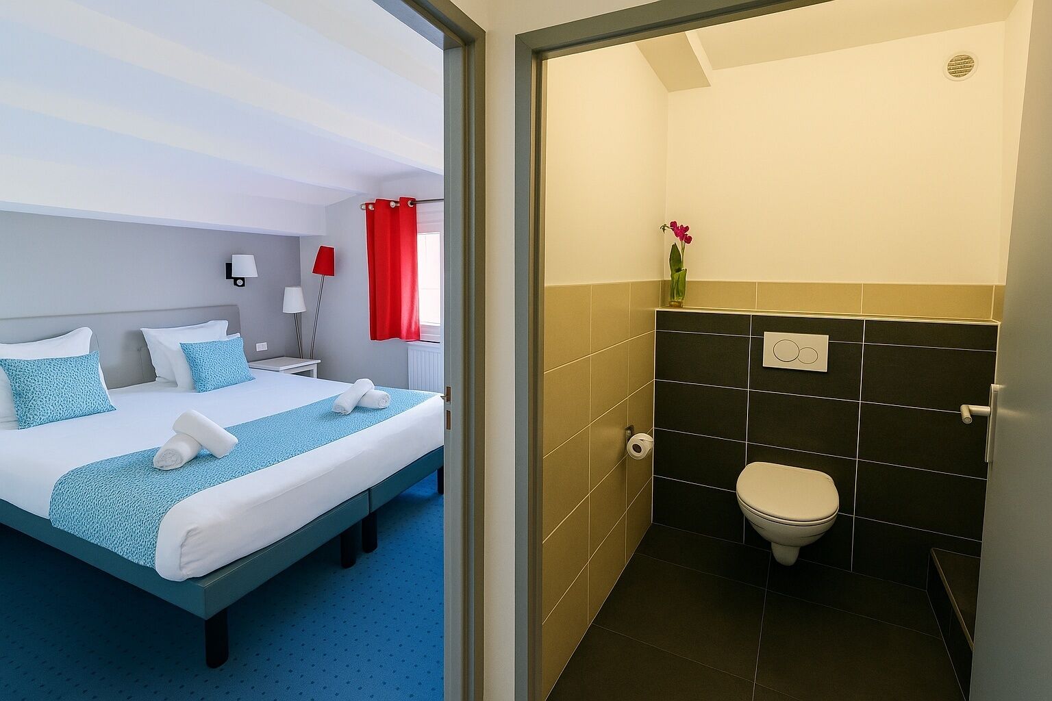 A hotel room with a bed, bedside tables, a bathroom with a toilet, and a shower area.