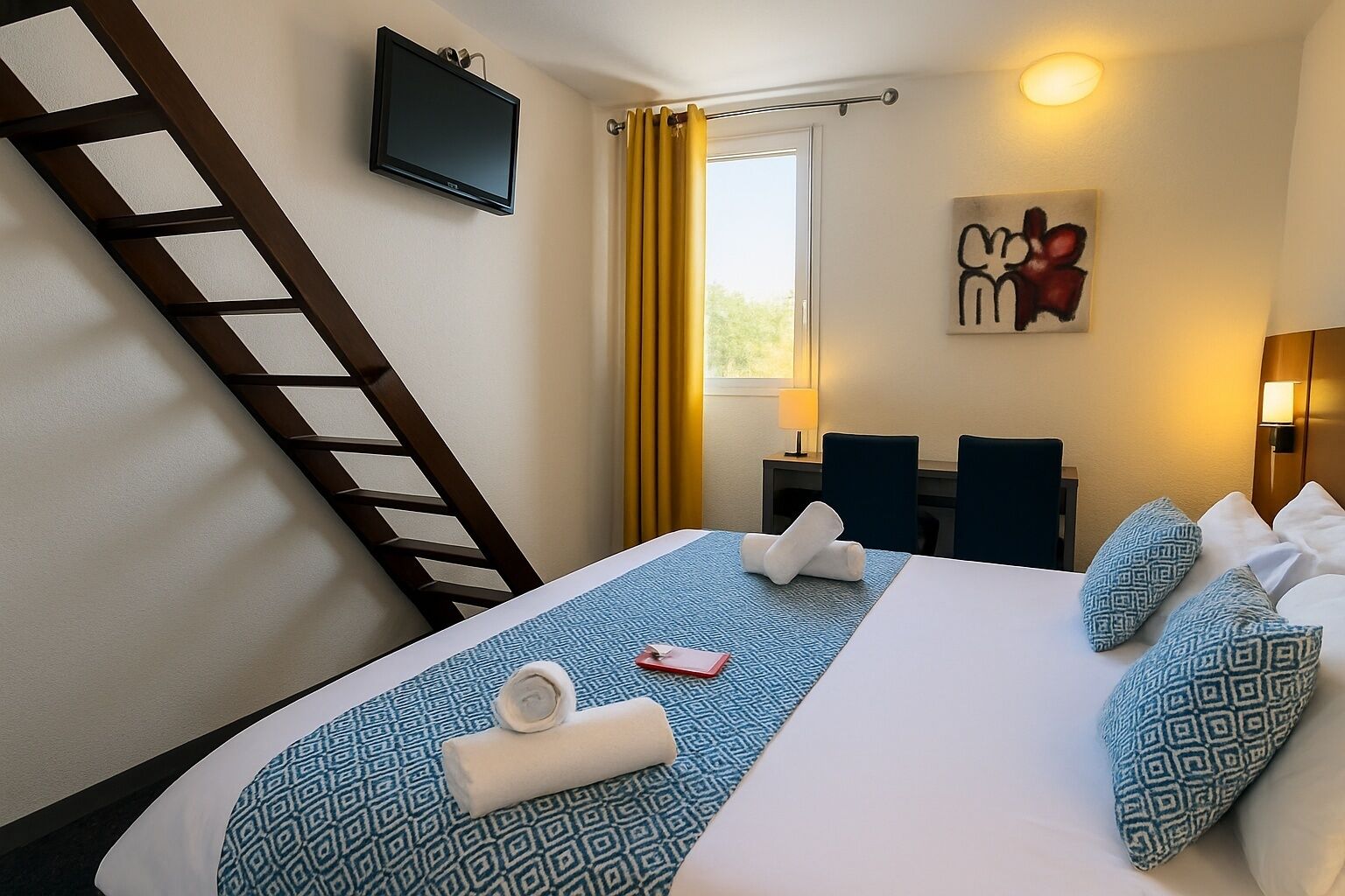 Une chambre d’hôtel avec un lit, un bureau, une chaise, une télévision et un tableau au mur.