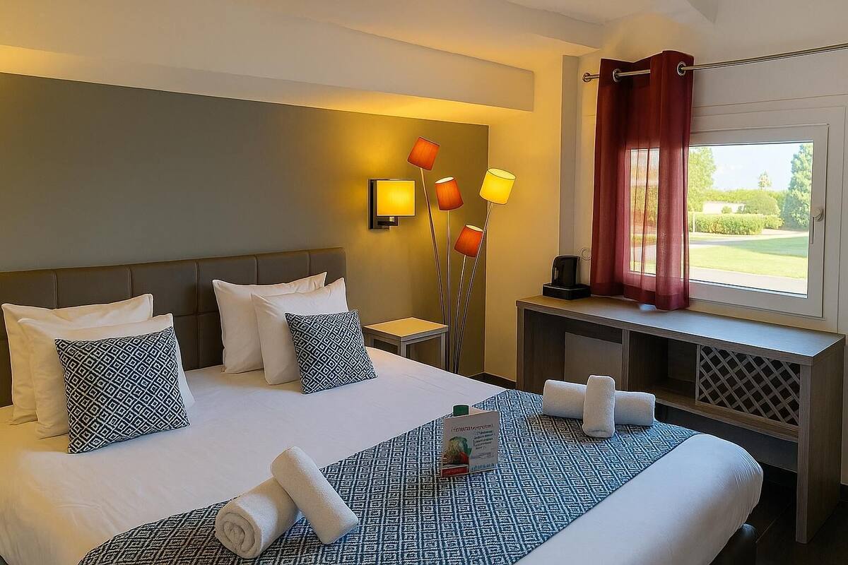 A hotel room with a large bed, two bedside tables, a desk with a lamp, a window with curtains, and a view of a green landscape.