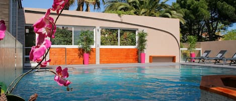 Indoor pool, outdoor pool, open 10:00 AM to 8:00 PM, sun loungers