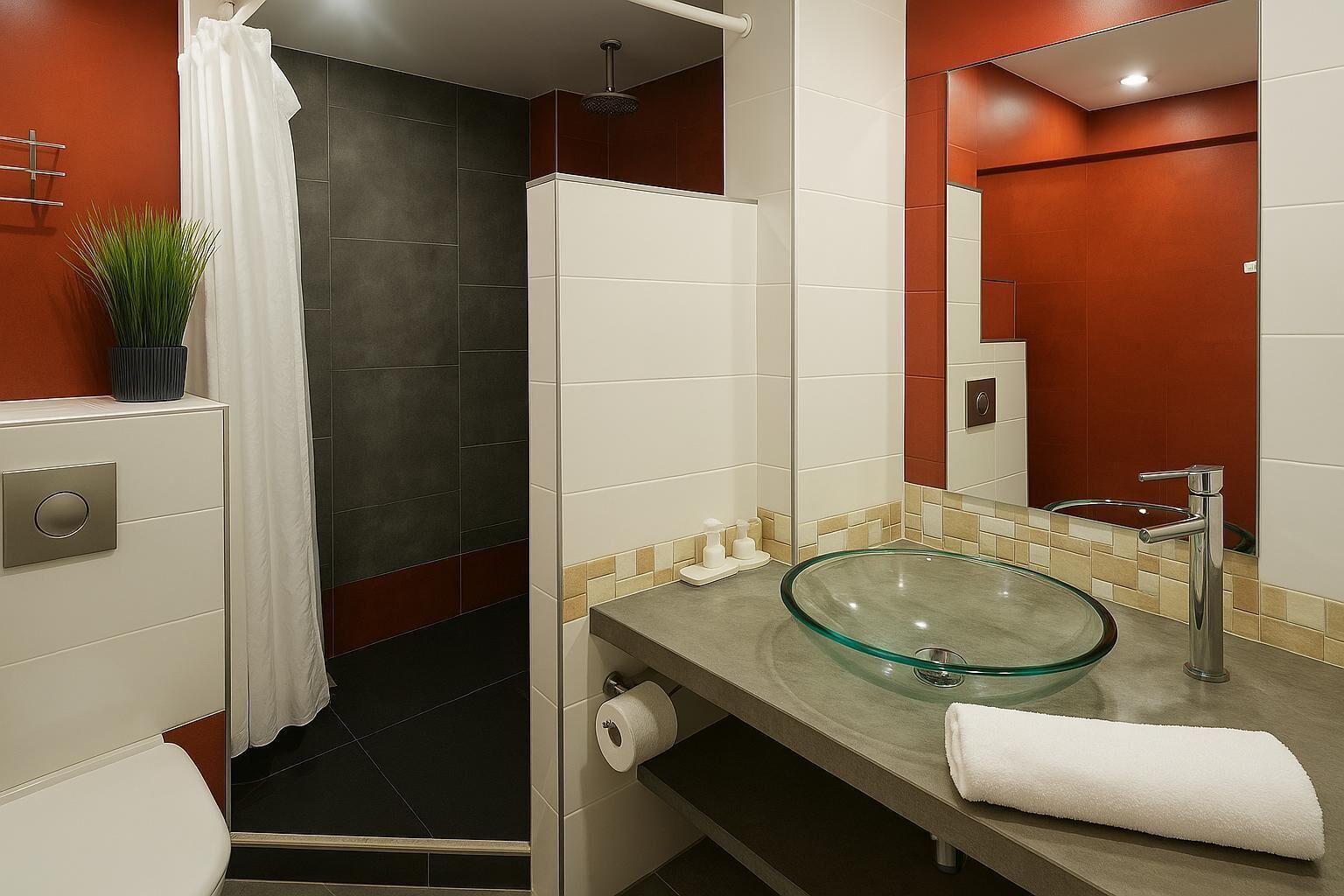 A modern bathroom with a glass sink, a shower, and a toilet.
