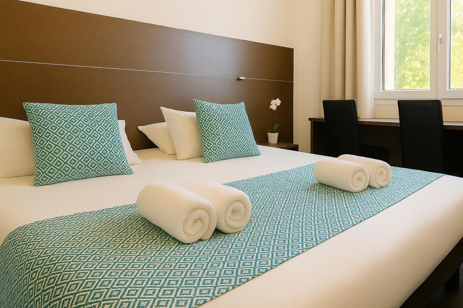 A neatly made bed with patterned pillows and rolled towels, a wooden headboard, a small potted plant, and a window with curtains.