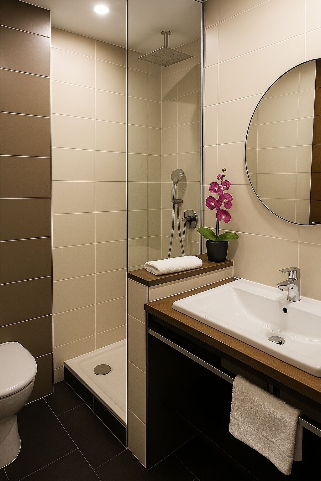 A modern bathroom with a shower, toilet, and sink.