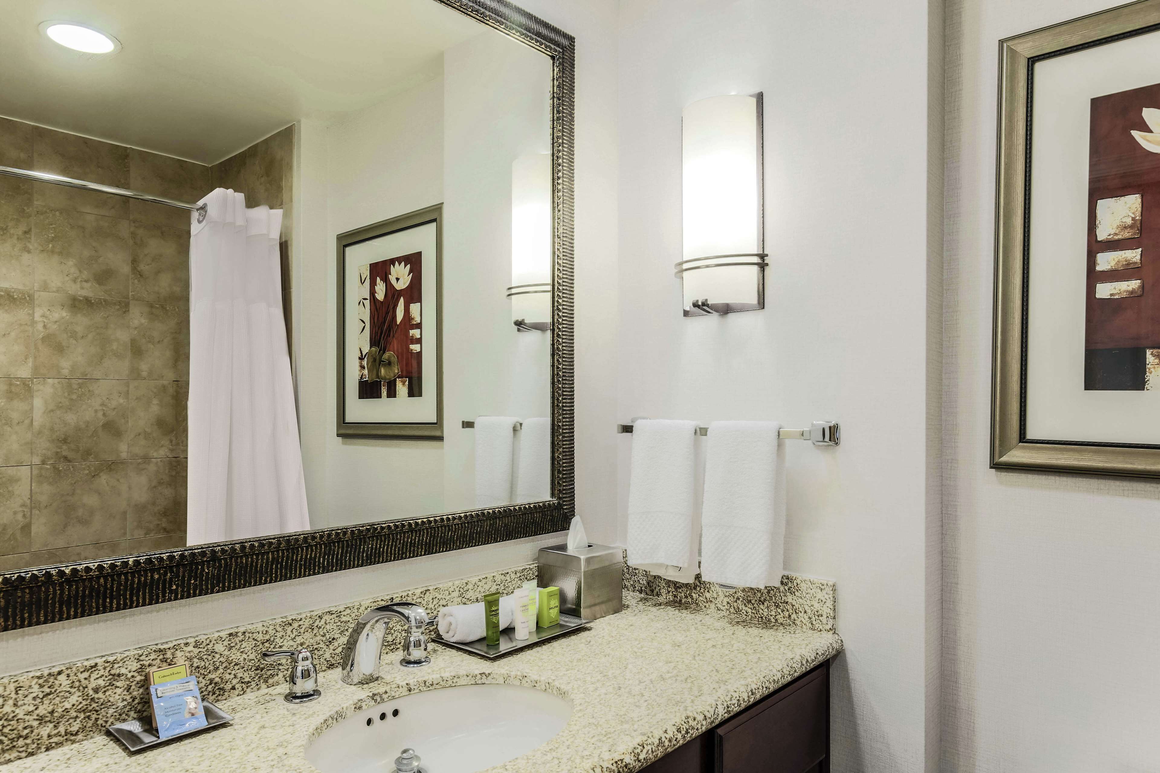 A hotel bathroom with a large mirror, a sink, a shower, and a framed artwork on the wall.