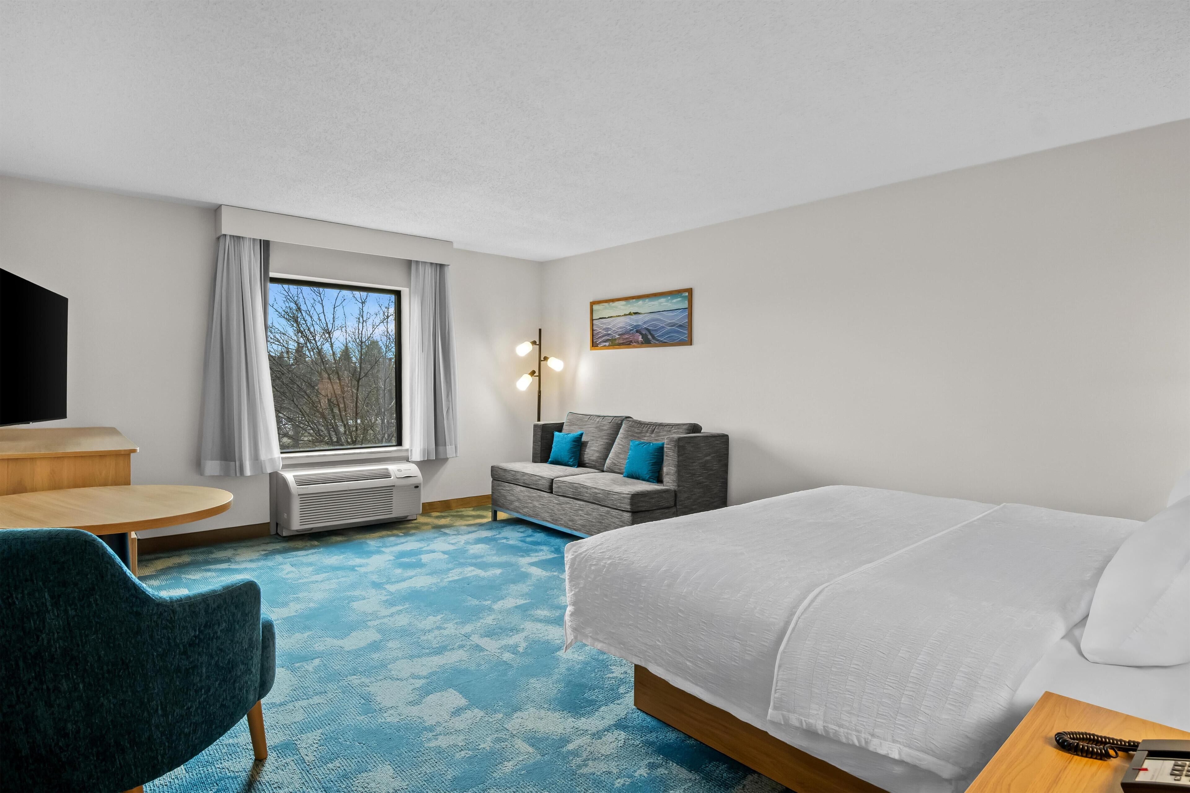 A hotel room with a bed, a sofa, a desk, and a TV.