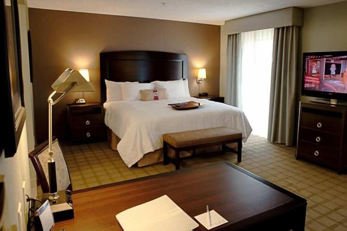 Premium bedding, desk, blackout drapes, iron/ironing board