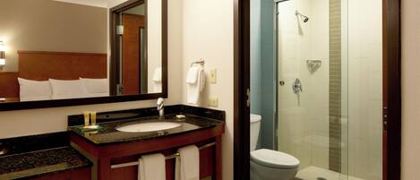 Un baño de hotel con lavamanos, espejo y retrete.