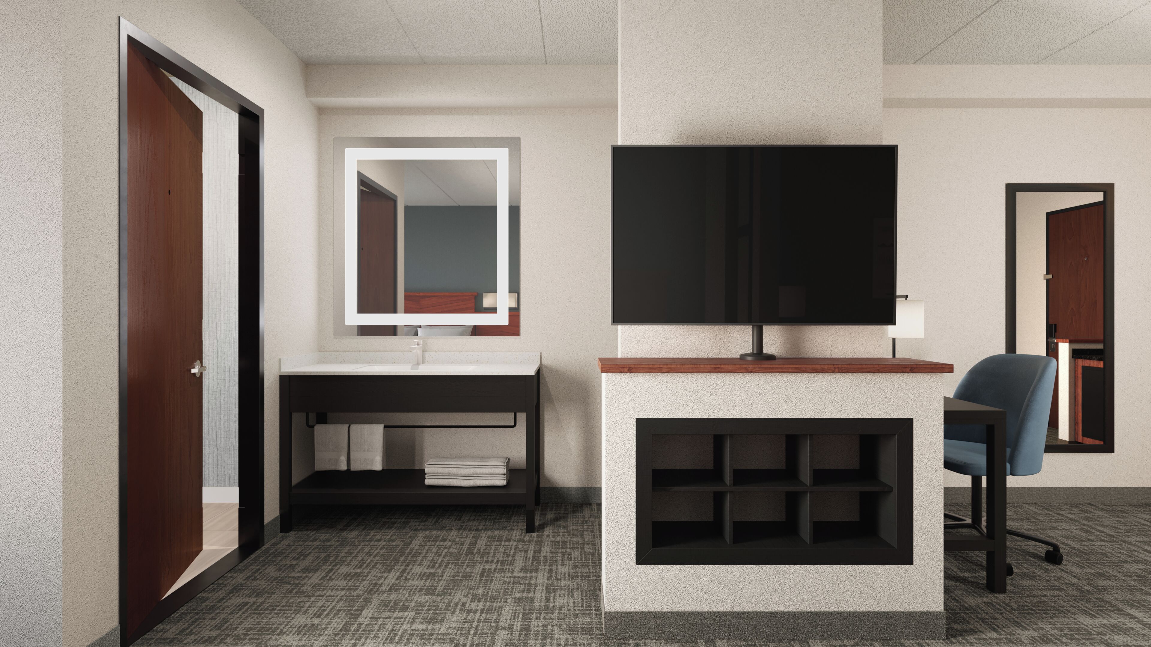 Desk, laptop workspace, blackout curtains, iron/ironing board