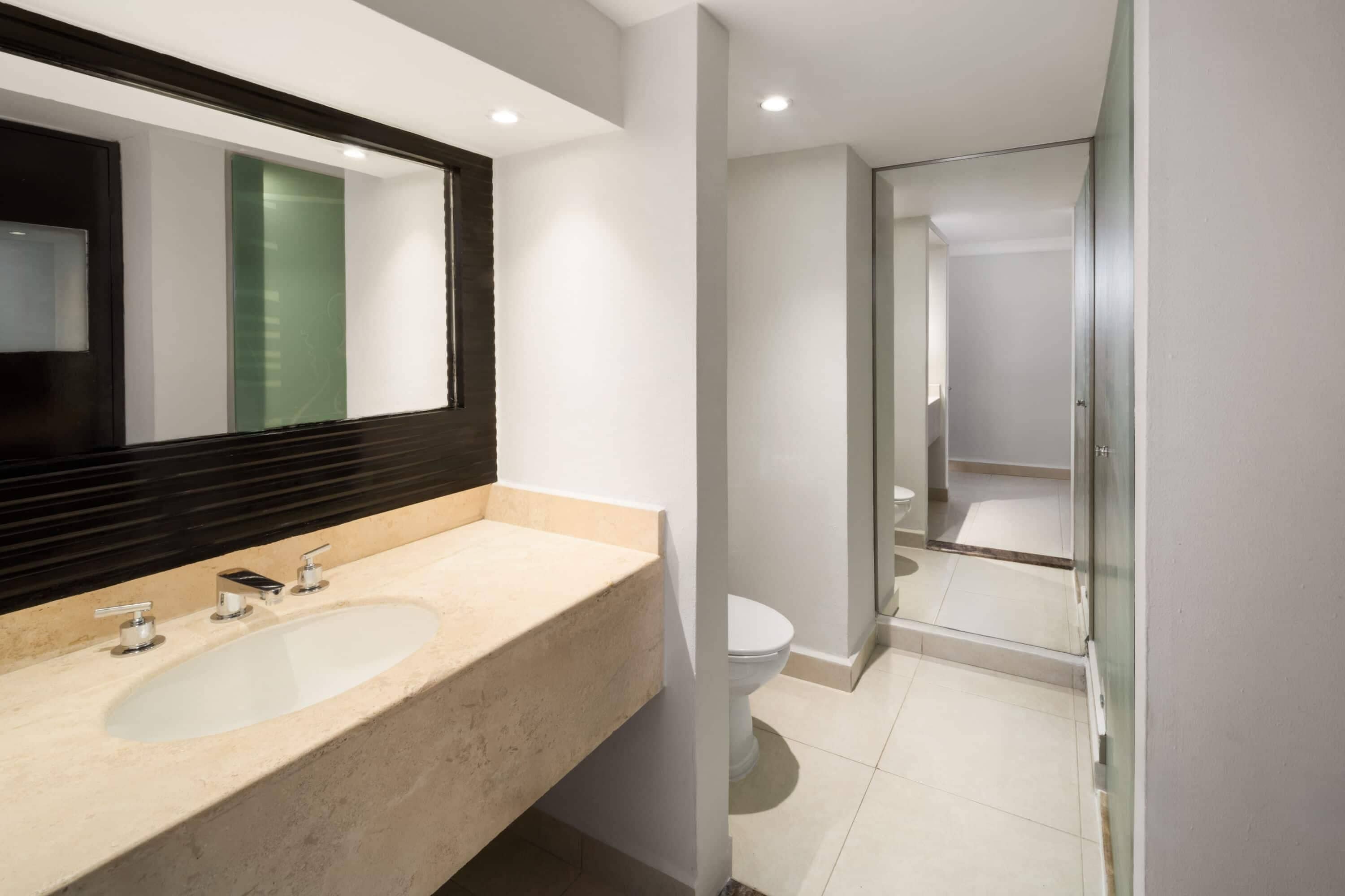 A modern bathroom with a large mirror, two sinks, a toilet, and a glass shower enclosure.