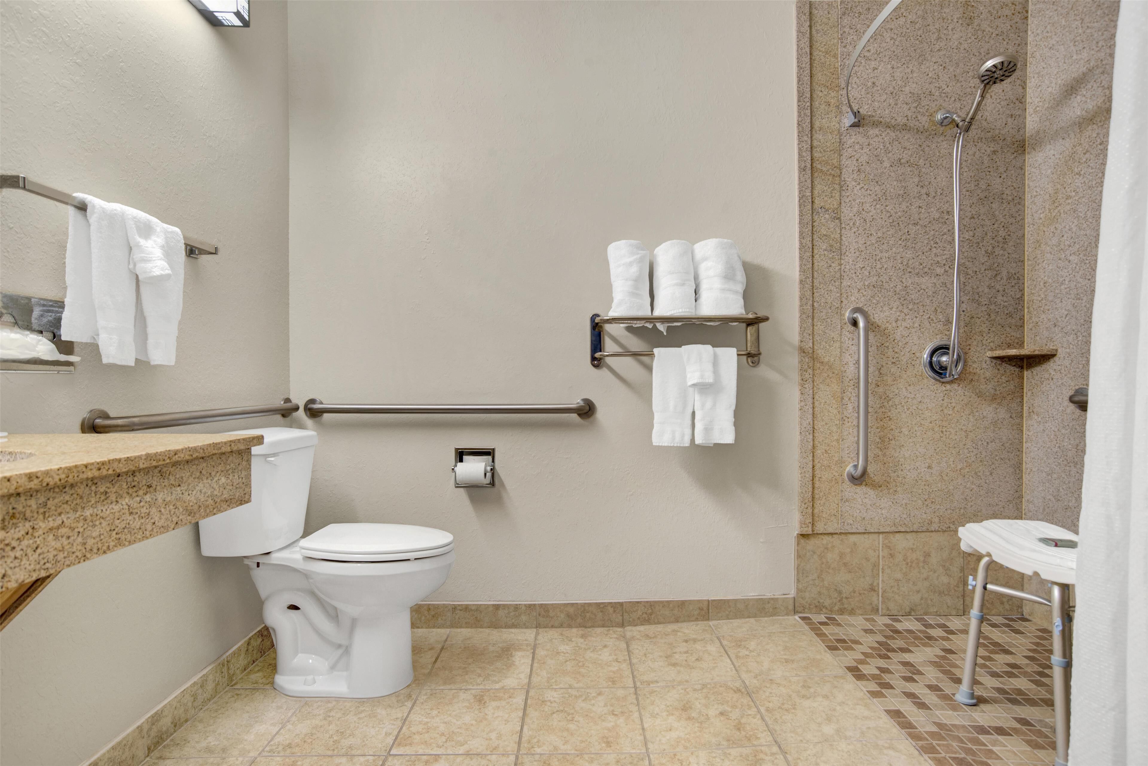 standard room, 1 king bed, accessible, refrigerator & microwave | bathroom | combined shower/bathtub, free toiletries, hair dryer, towels