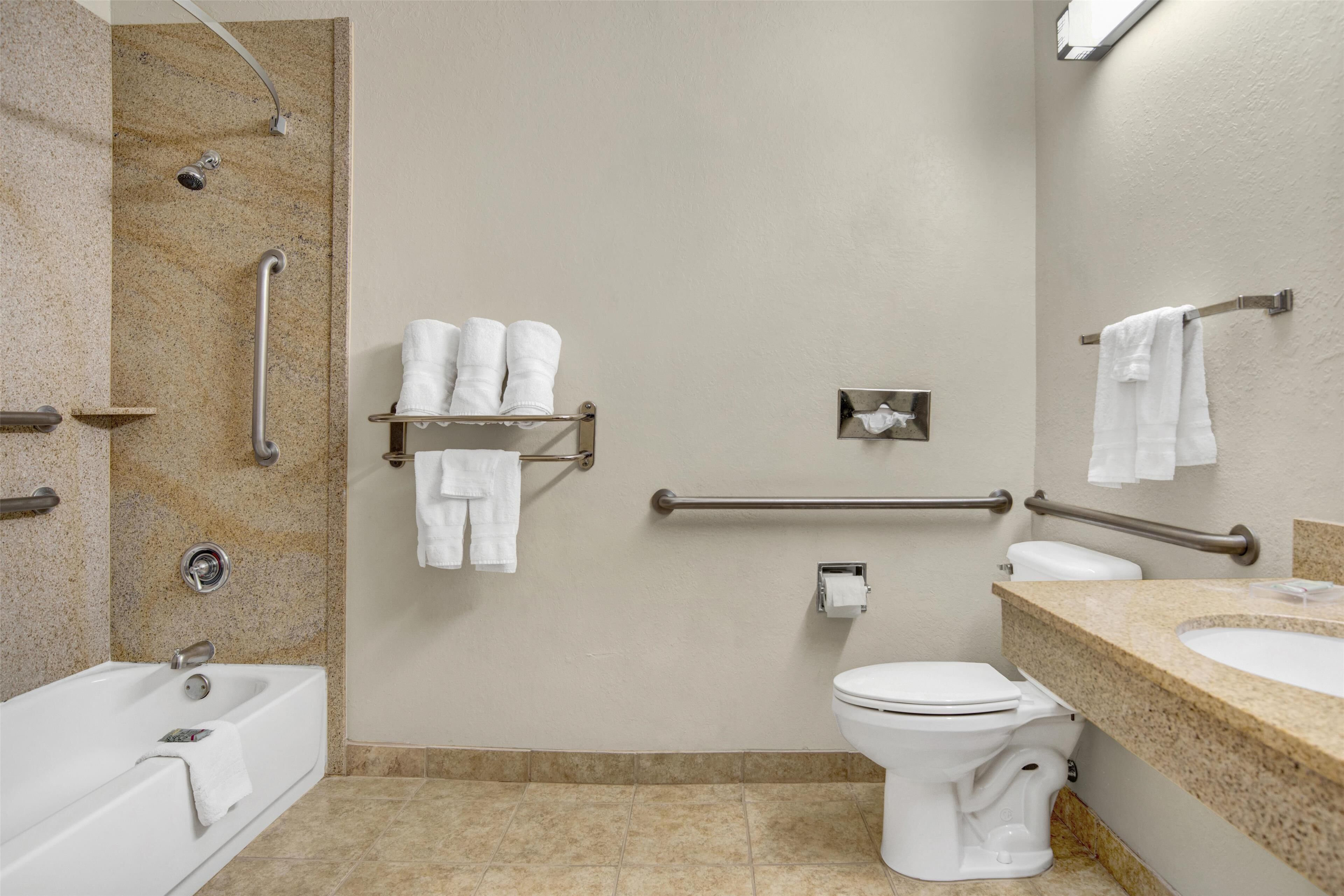 standard room, 1 king bed, accessible, refrigerator & microwave | bathroom | combined shower/bathtub, free toiletries, hair dryer, towels