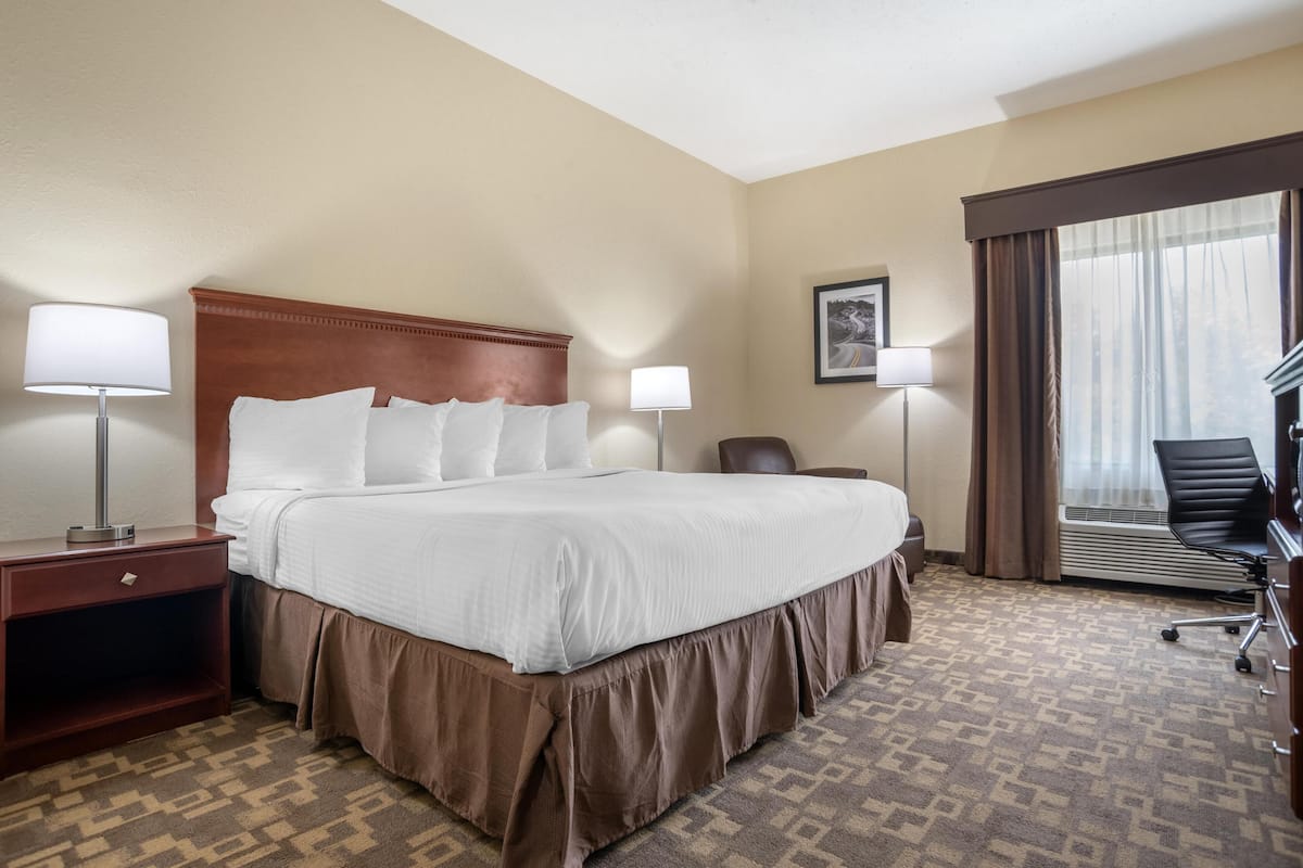 Habitación de hotel con una cama grande, dos mesitas de noche con lámparas, una silla, un escritorio y un ventanal con cortinas.