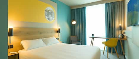 Desk, laptop workspace, blackout drapes, soundproofing