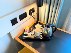 Desk, laptop workspace, blackout curtains, soundproofing