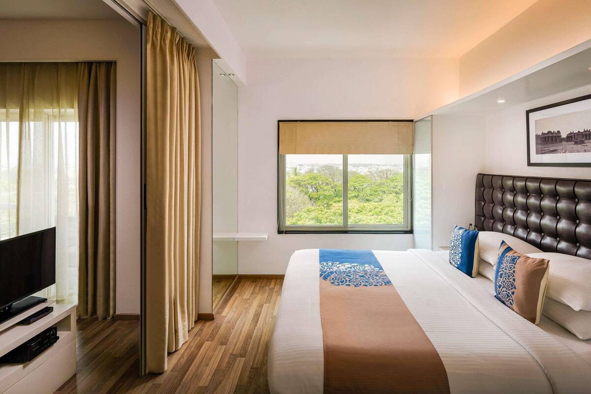 A hotel room with a large bed, a television on a stand, a window with a view of greenery, and a framed picture on the wall.