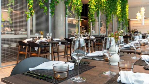 Un restaurante con mesas dispuestas para comer, cristalería transparente y vistas a través de un ventanal de malla.