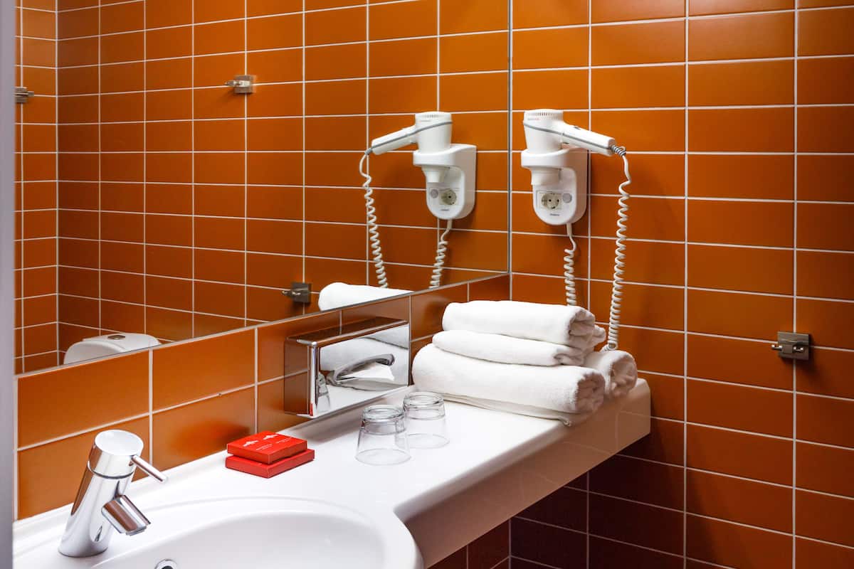 free toiletries, hair dryer, towels, soap