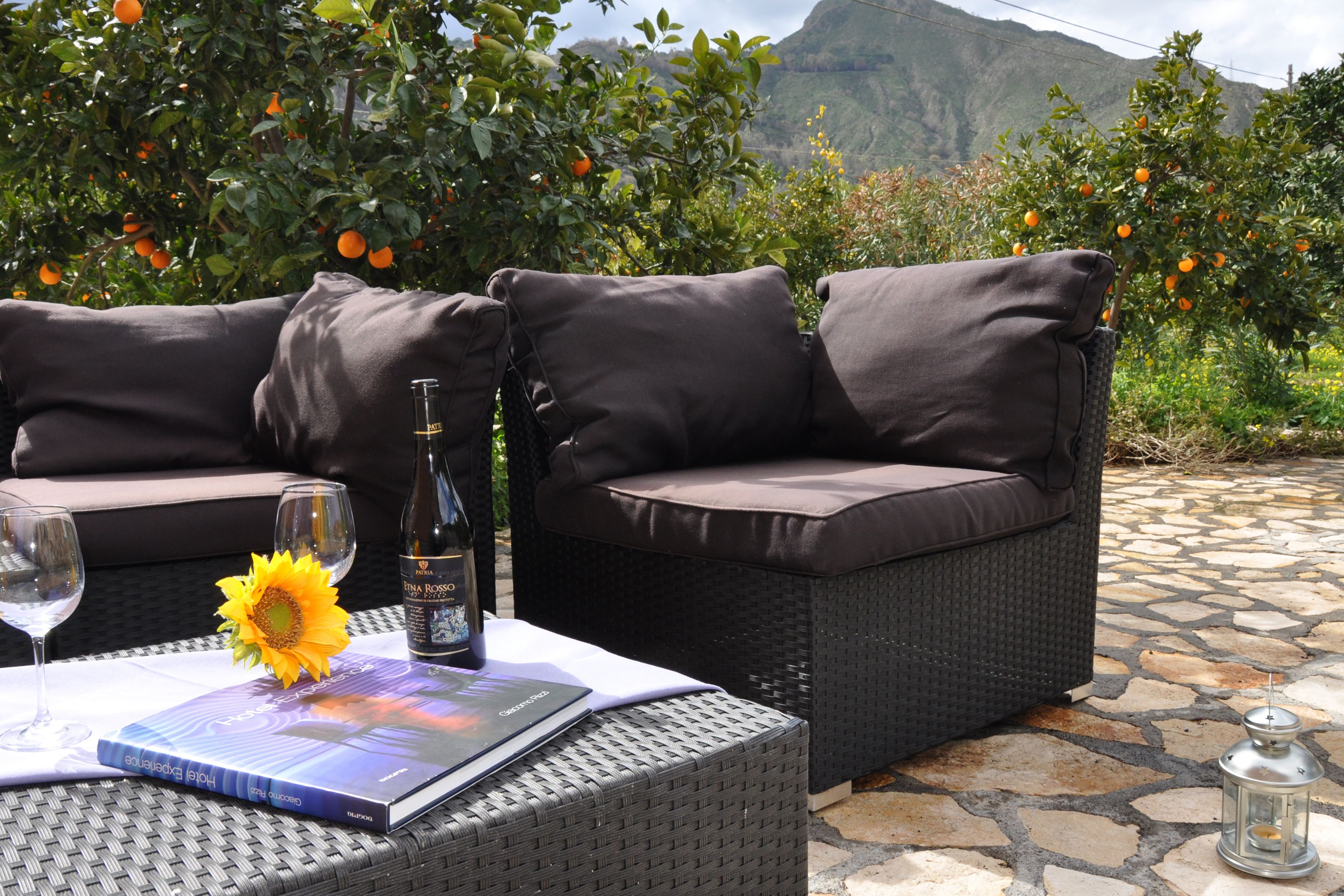 A wicker sofa with cushions, a wine bottle, a glass, and a book on a table.