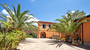A courtyard with a paved walkway, palm trees, and a building with an arched entrance. - Casale Romano Resort (Motta Camastra)