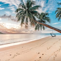 Plage privée, sable blanc, chaises longues, serviettes de plage
