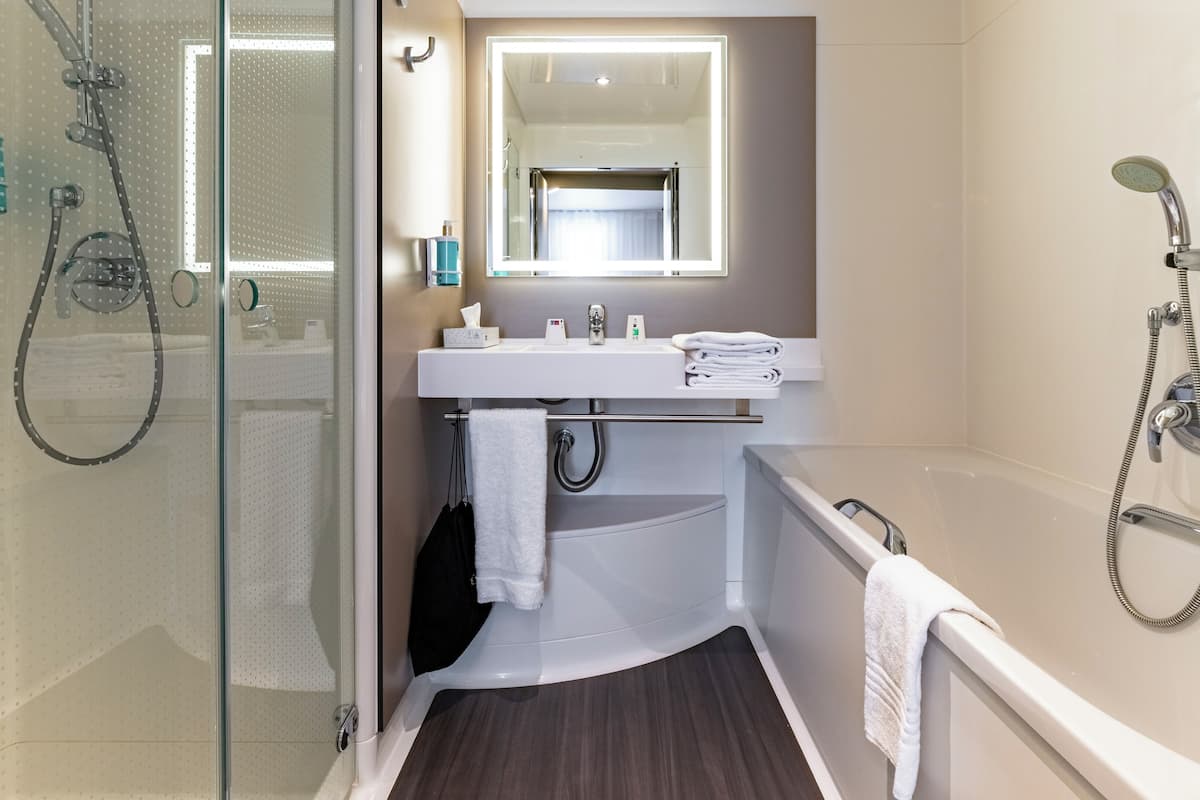 separate bathtub and shower, rainfall showerhead