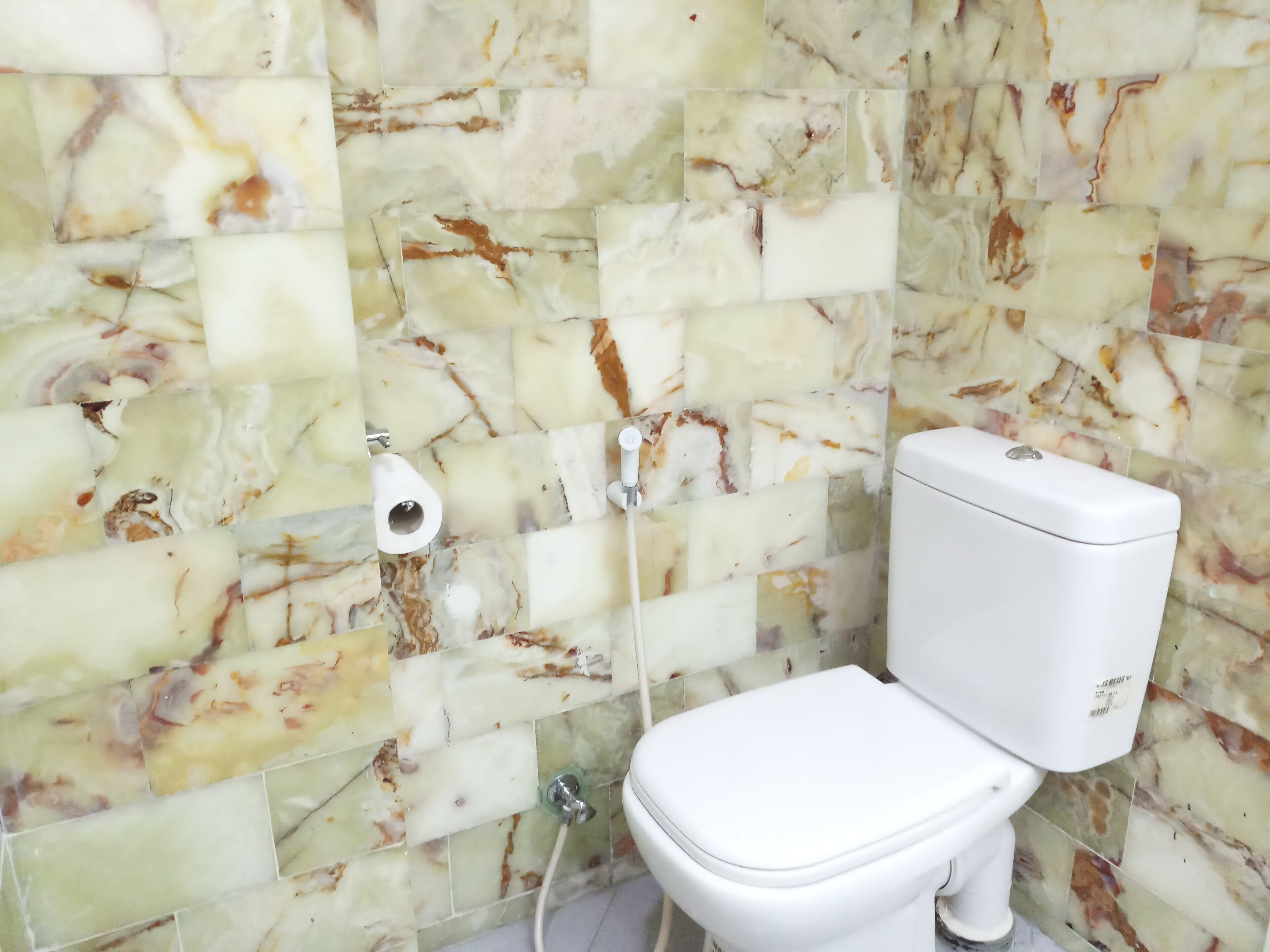 Un baño con inodoro, paredes con diseño de mármol y un dispensador de papel higiénico a la vista.