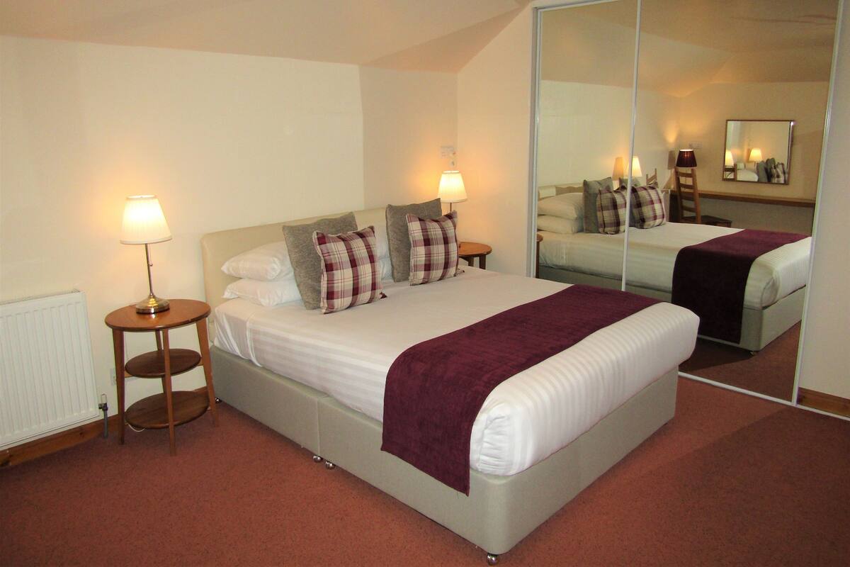 A hotel room with a large bed, two bedside tables with lamps, a mirror, and a radiator.
