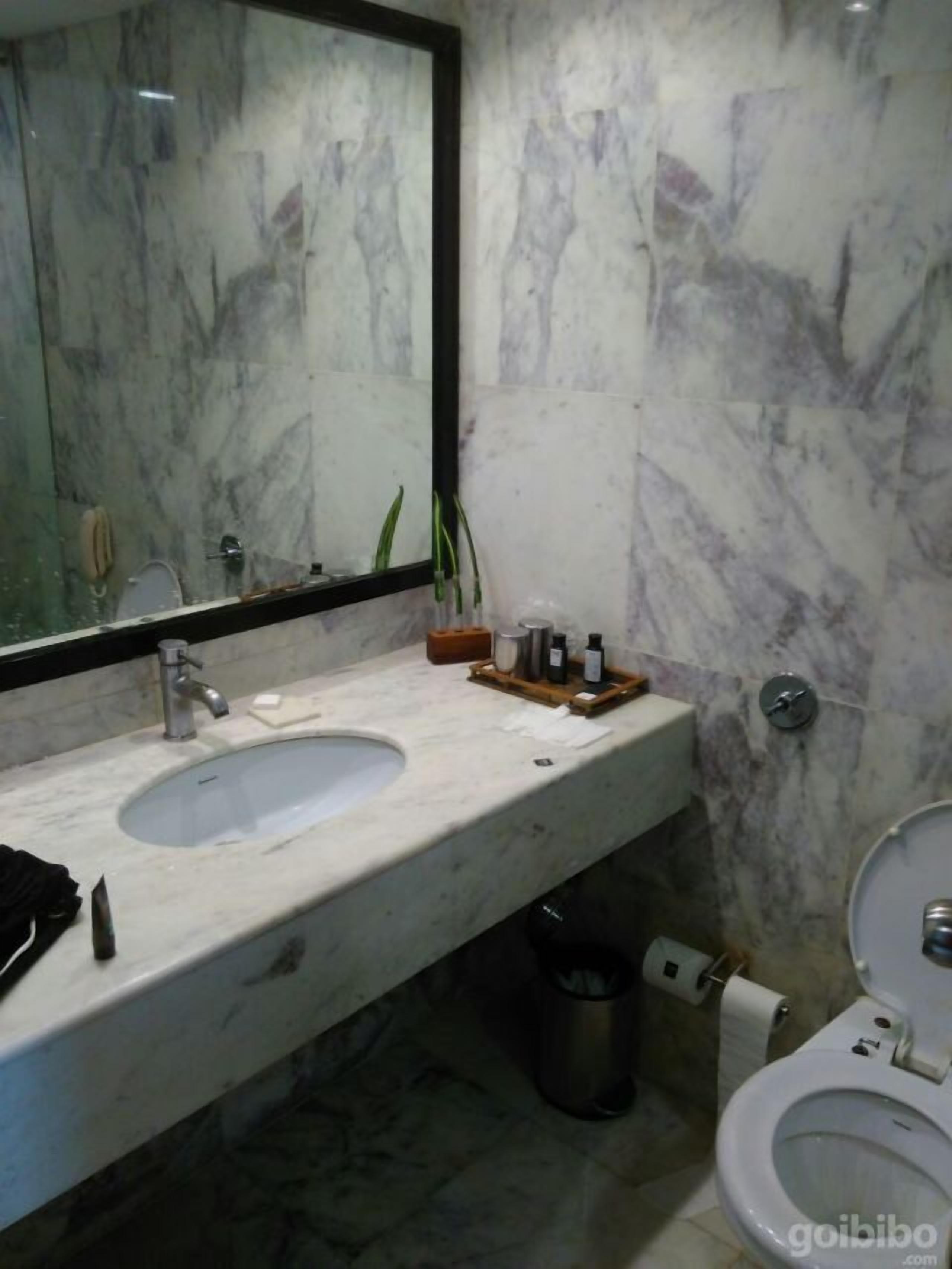 Un baño con lavamanos de mármol, un espejo y un inodoro.