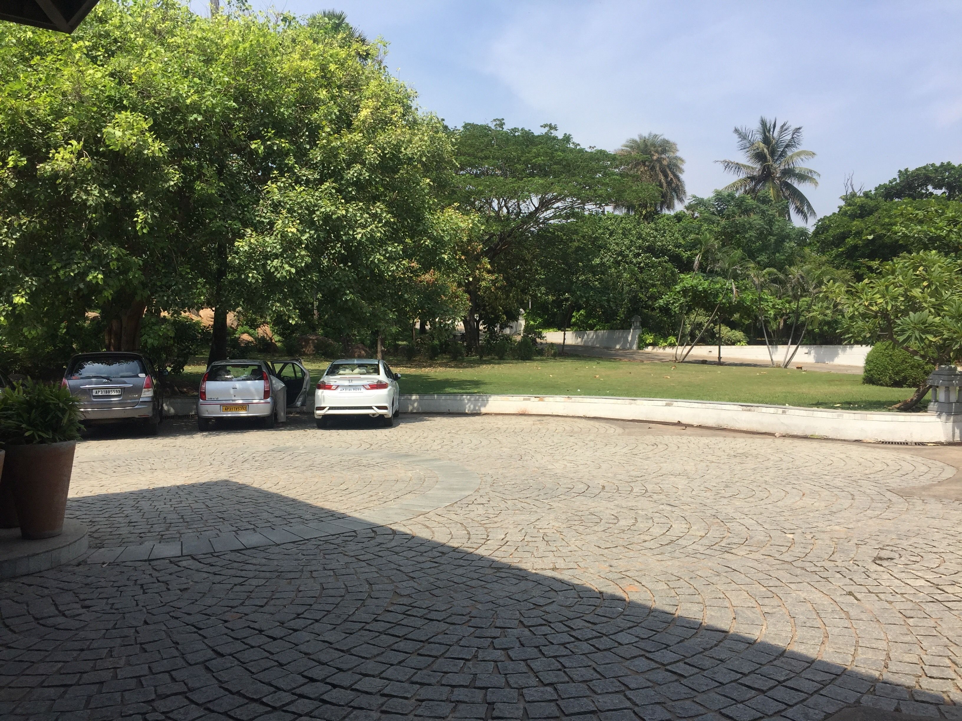 A paved parking area with three cars parked under trees.
