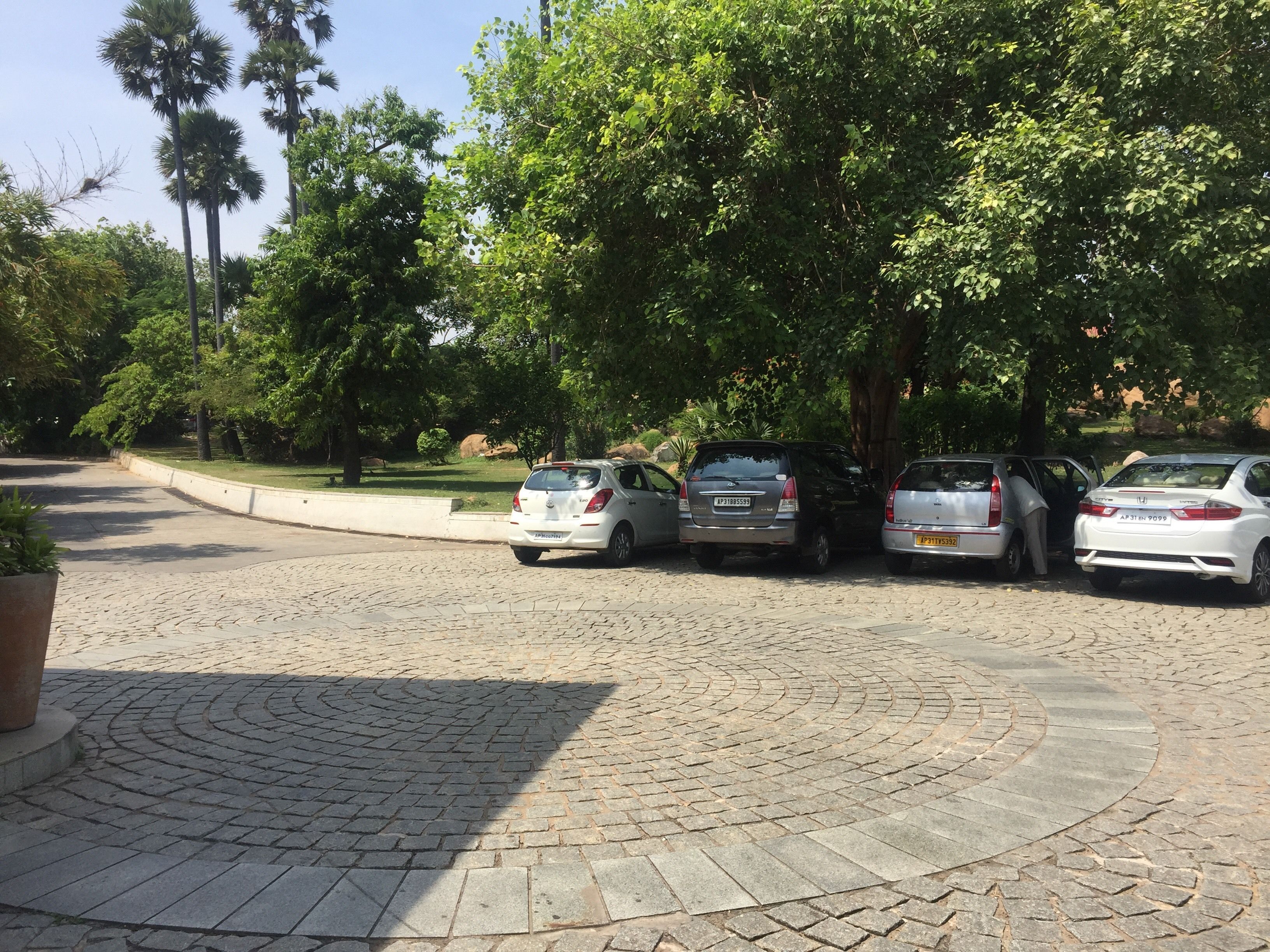 Un área pavimentada con tres coches estacionados bajo árboles.