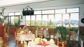 Ein geräumiger Essbereich mit mehreren Tischen und Stühlen, große Fenster mit Blick ins Freie und Kübelpflanzen, die für Grün sorgen.