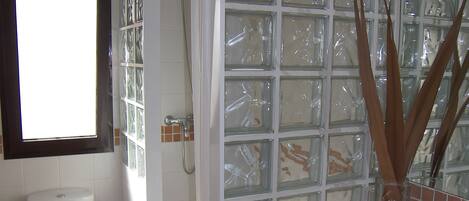 A bathroom with a glass shower enclosure, a toilet, and a sink with a mirror above it.