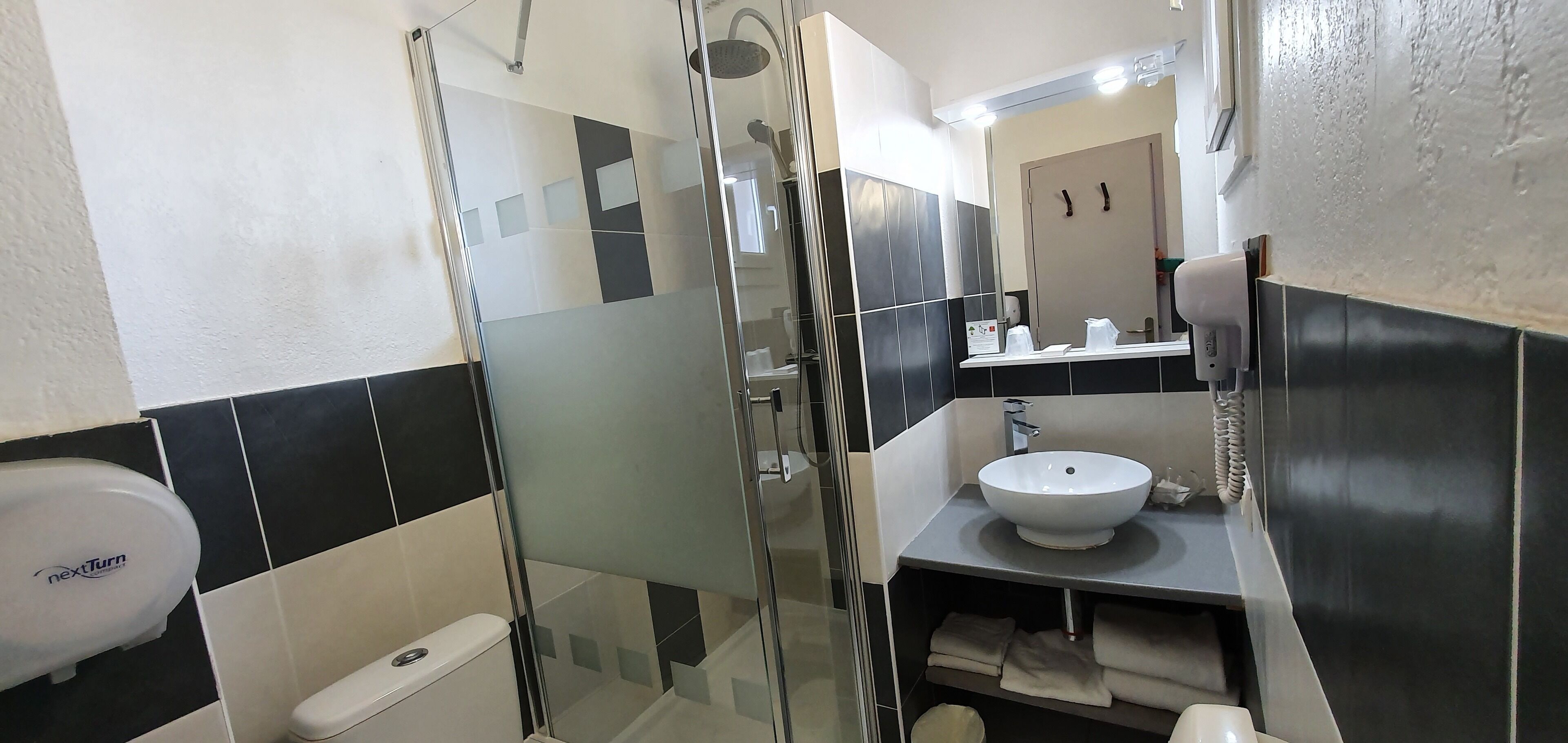 A modern bathroom with a glass-enclosed shower, a white toilet, and a sink with a mirror above it.